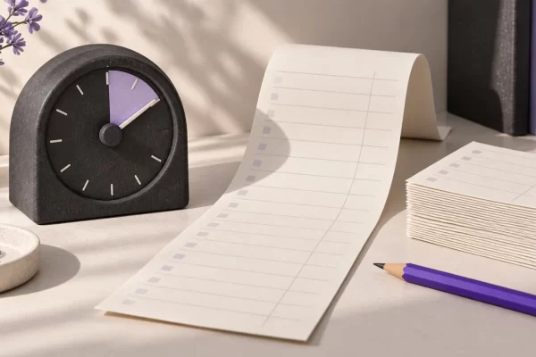 An analog timer and organized timesheets illustrate tracking work for client reporting.