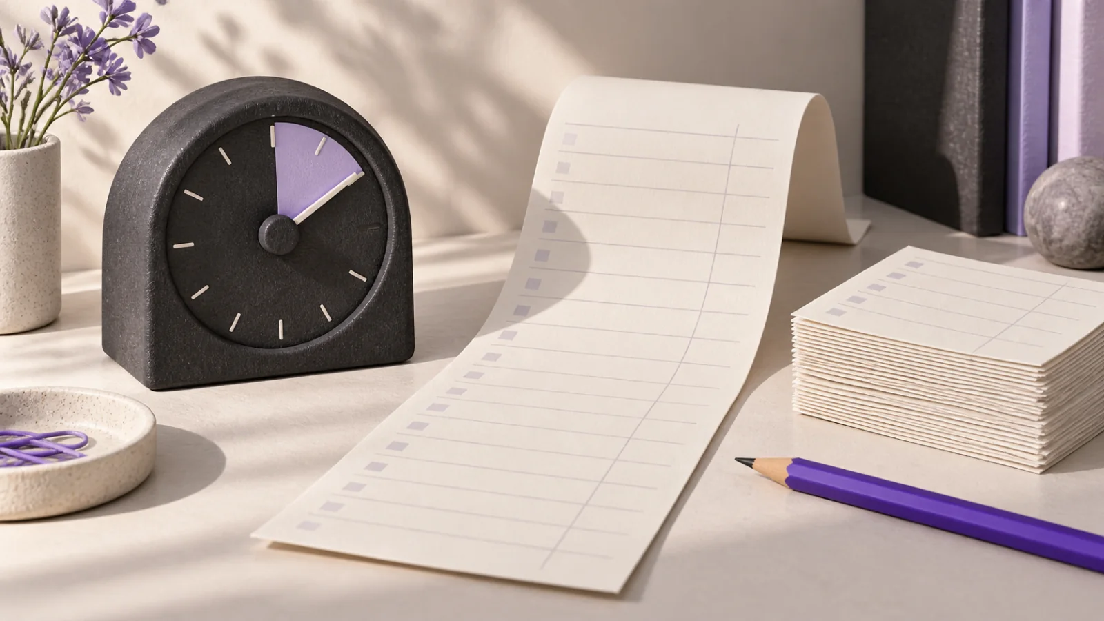 An analog timer and organized timesheets illustrate tracking work for client reporting.