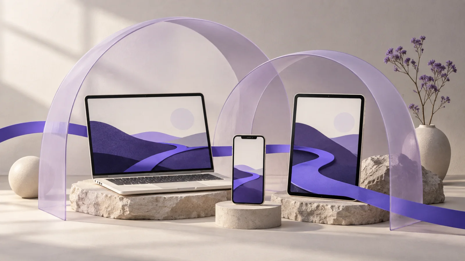 A laptop, phone and tablet under overlapping canopies illustrate consumer VPN device coverage.