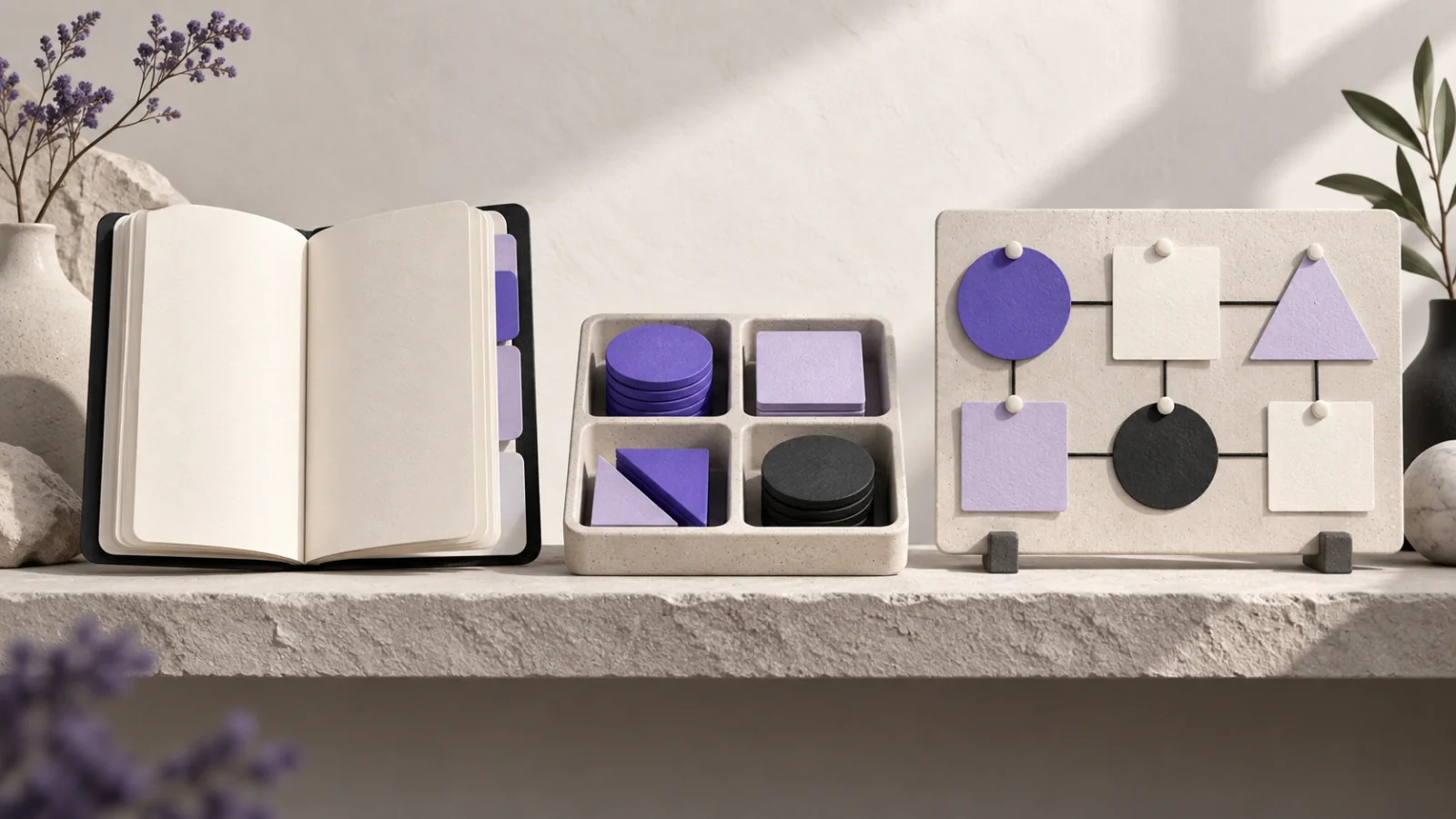 A notebook, task organizer and planning board represent three approaches to productivity.