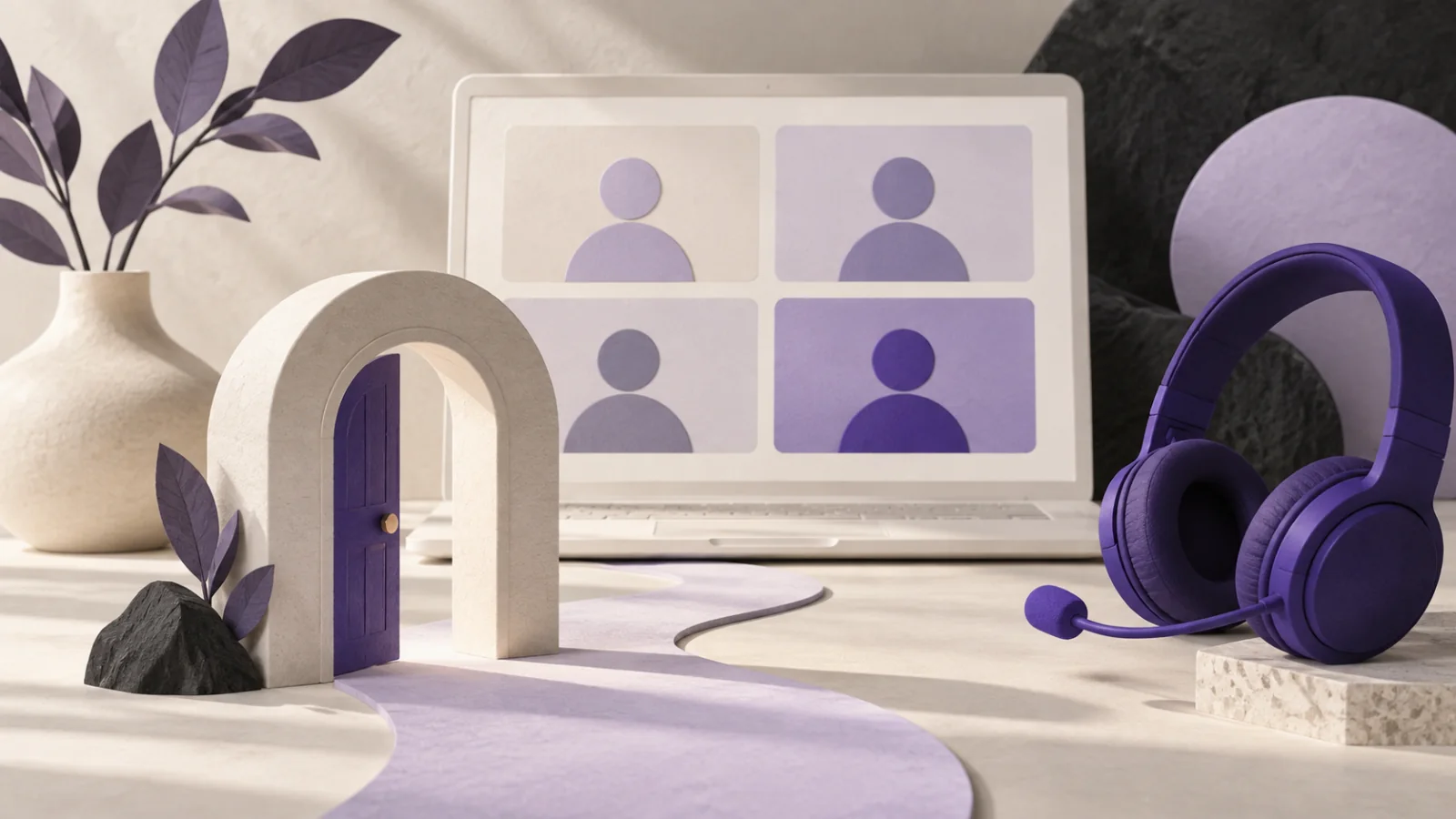 An open doorway, meeting screen and headset illustrate accessible online meetings.
