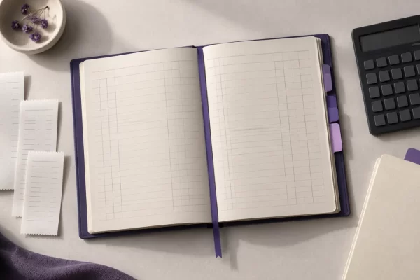 An open ledger and sorted receipts represent an organized month-end accounting process.