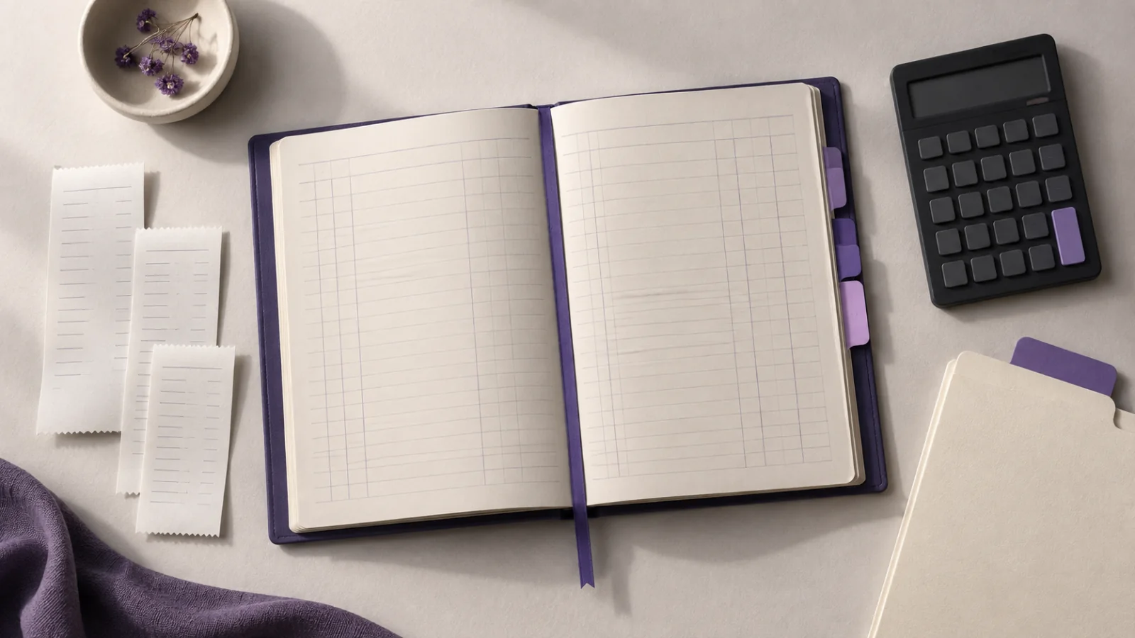 An open ledger and sorted receipts represent an organized month-end accounting process.