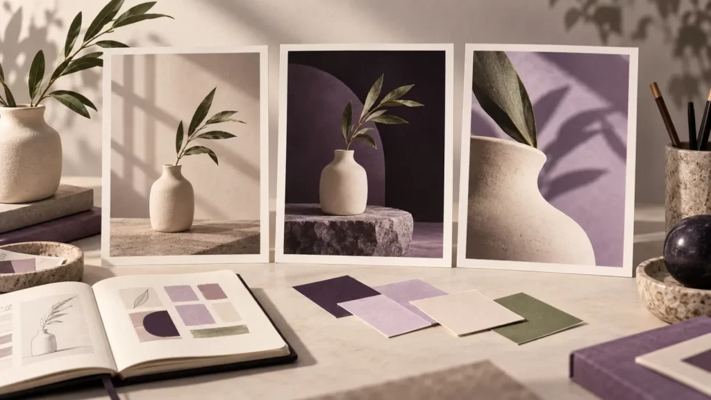Editorial illustration of a creative brief, color swatches, and three coordinated campaign images on an art director's desk.