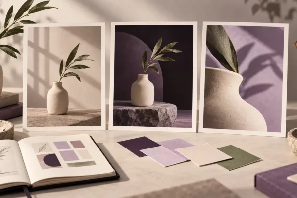 Editorial illustration of a creative brief, color swatches, and three coordinated campaign images on an art director's desk.