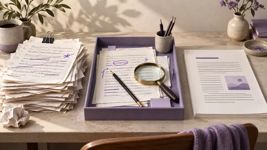 Editorial illustration of draft pages passing through a revision tray and magnifying lens into a finished article.