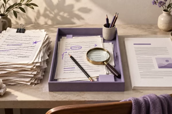 Editorial illustration of draft pages passing through a revision tray and magnifying lens into a finished article.