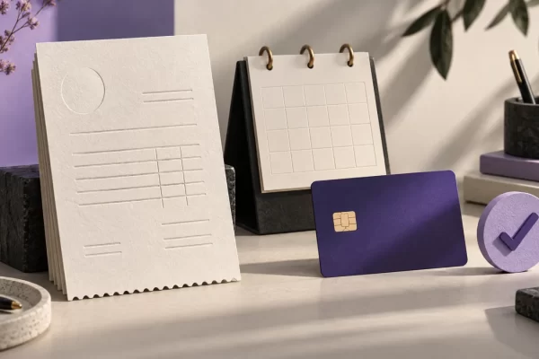 Invoice paperwork, a calendar and a payment card illustrate the freelancer billing workflow.