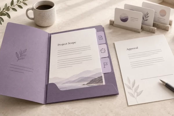 Editorial illustration of an open client proposal folder with scope pages, milestone tabs, and a pen beside a signature page.