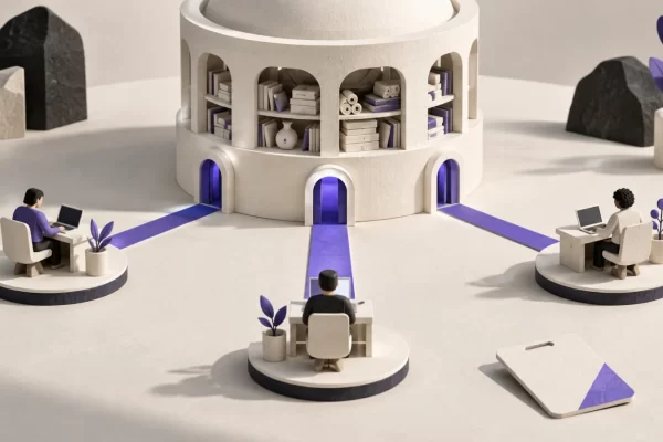 Separate workstations connect through defined access gates to a shared resource archive.