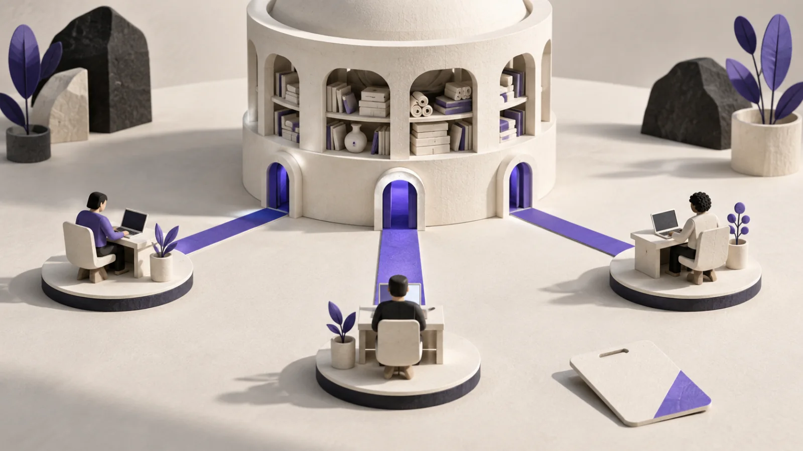 Separate workstations connect through defined access gates to a shared resource archive.