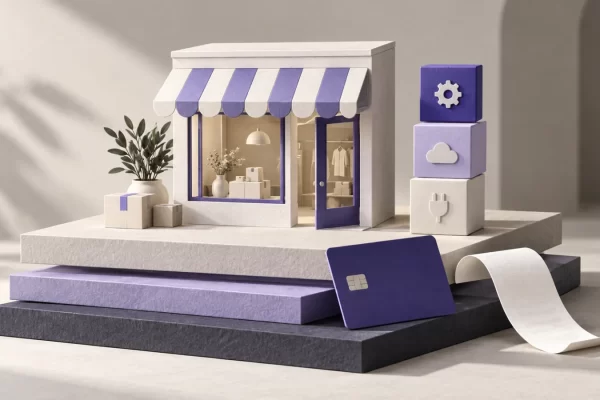 Concept illustration of a storefront, payment card and recurring-service layers.