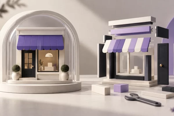 Two miniature storefronts illustrate hosted convenience and modular self-managed commerce.