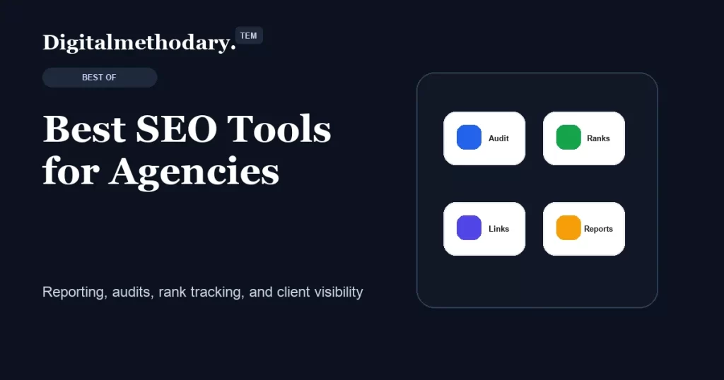 Best SEO tools for agencies cover showing audits ranks links and reports