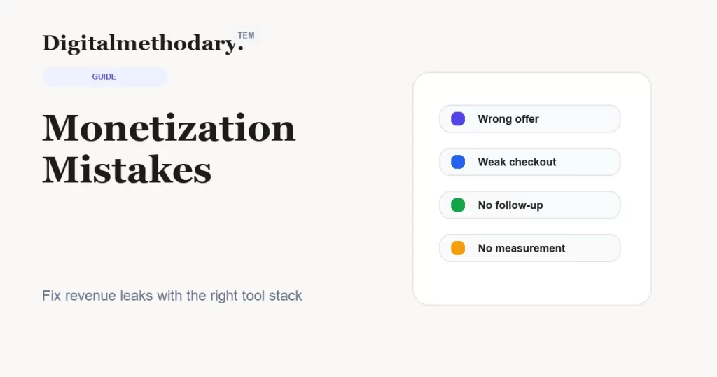 Common monetization mistakes cover showing offer checkout follow-up and measurement gaps