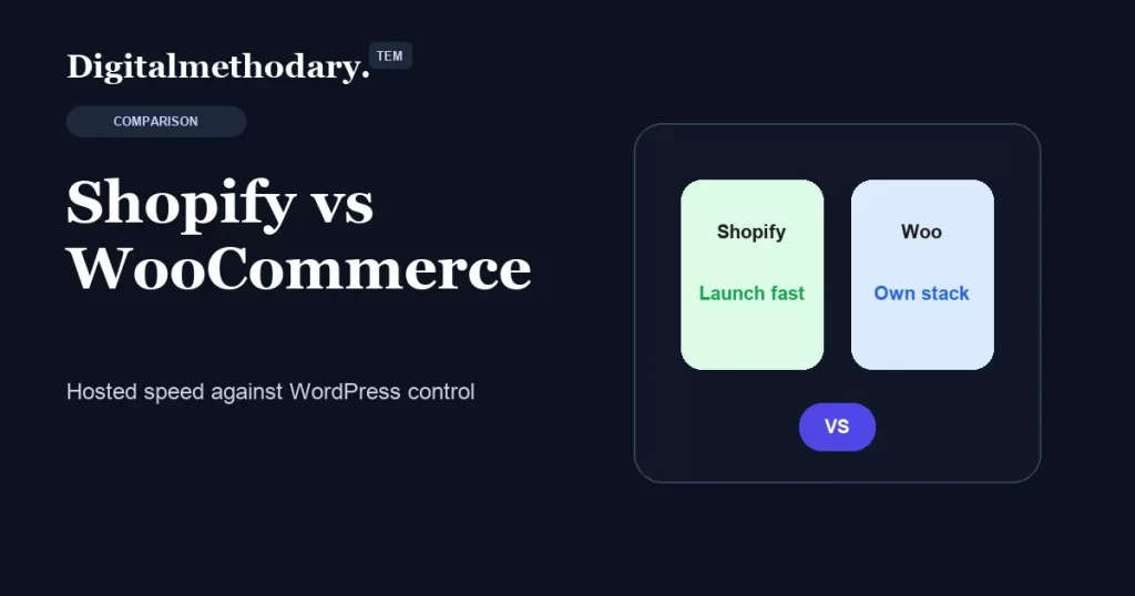 Shopify vs WooCommerce comparison cover showing hosted speed and WordPress control